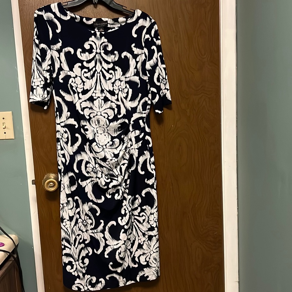 connected apparel Navy and White Baroque Print Sheath Dress